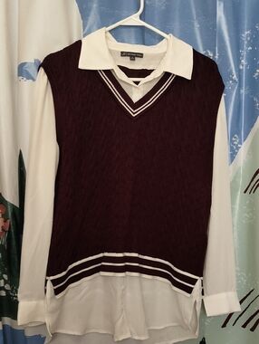 Adrianna Papell Burgundy Cable Knit V-Neck Sweater Vest with White Shirt